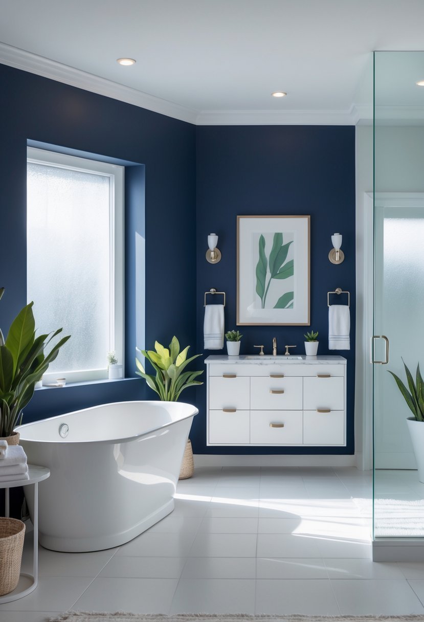 A modern bathroom with deep navy blue walls, white bathtub, vanity, and natural light coming through a window.