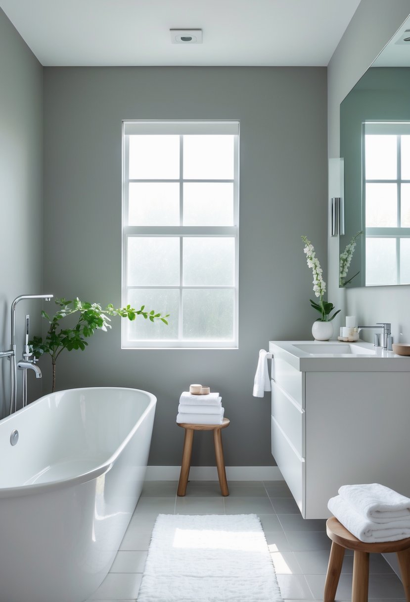 A modern bathroom with pale gray walls, a white bathtub, a vanity with a mirror, and a small potted plant.