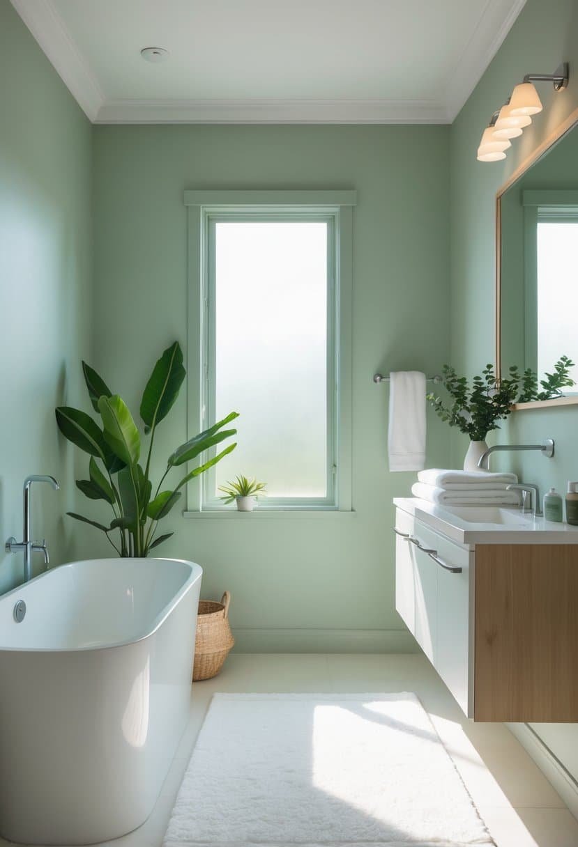 A modern bathroom with soft sage green walls, a white bathtub, wooden accents, and natural light coming through a window.