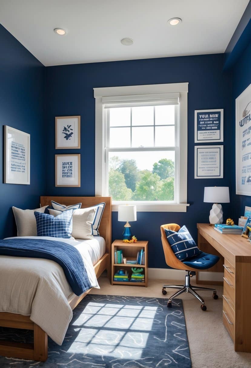 A boys' bedroom with a navy blue accent wall, a bed, a desk, and natural light coming through a window.