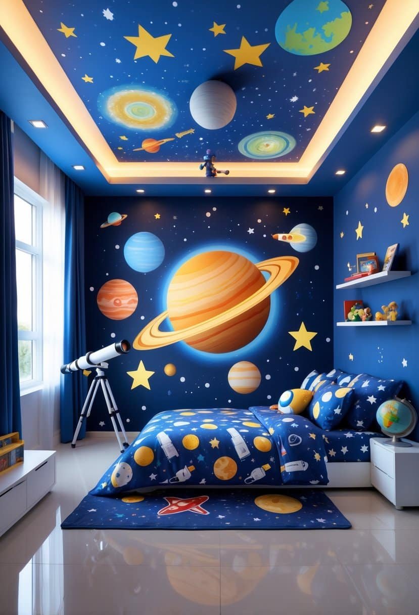 A boys' bedroom with walls painted in colorful space-themed murals featuring planets, stars, and rockets, with space-related toys and decor around the room.