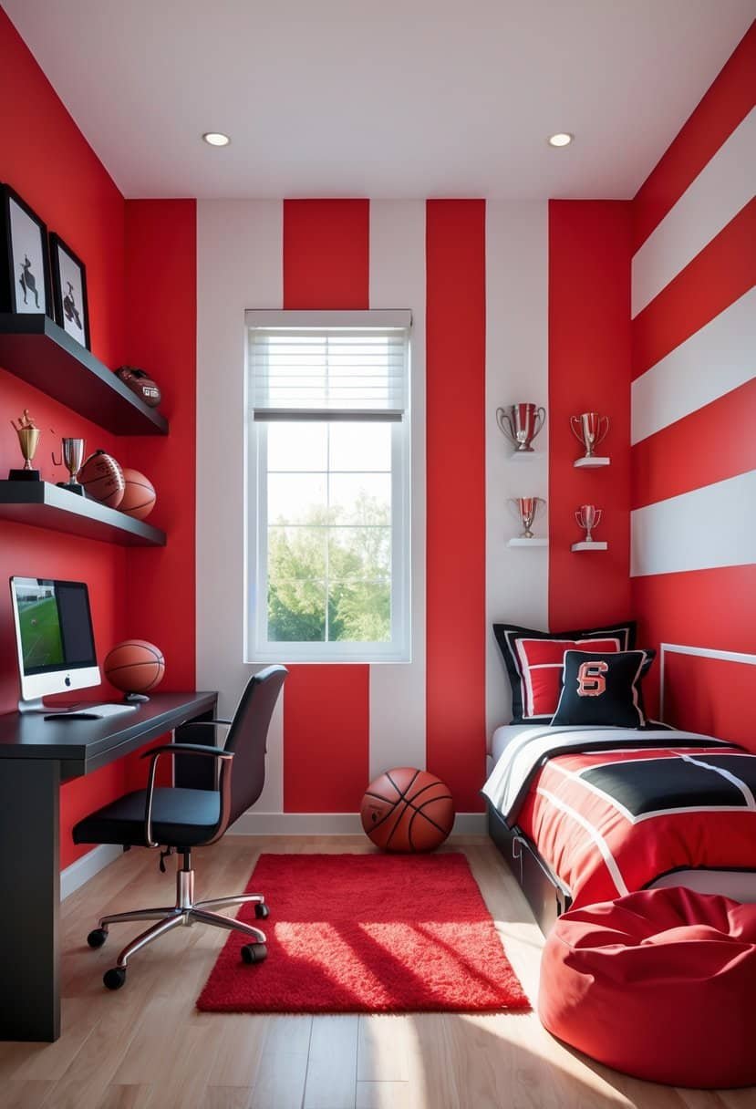 A boys' bedroom with bold red sports stripes on the walls, a bed, desk with sports items, and natural light coming through a window.
