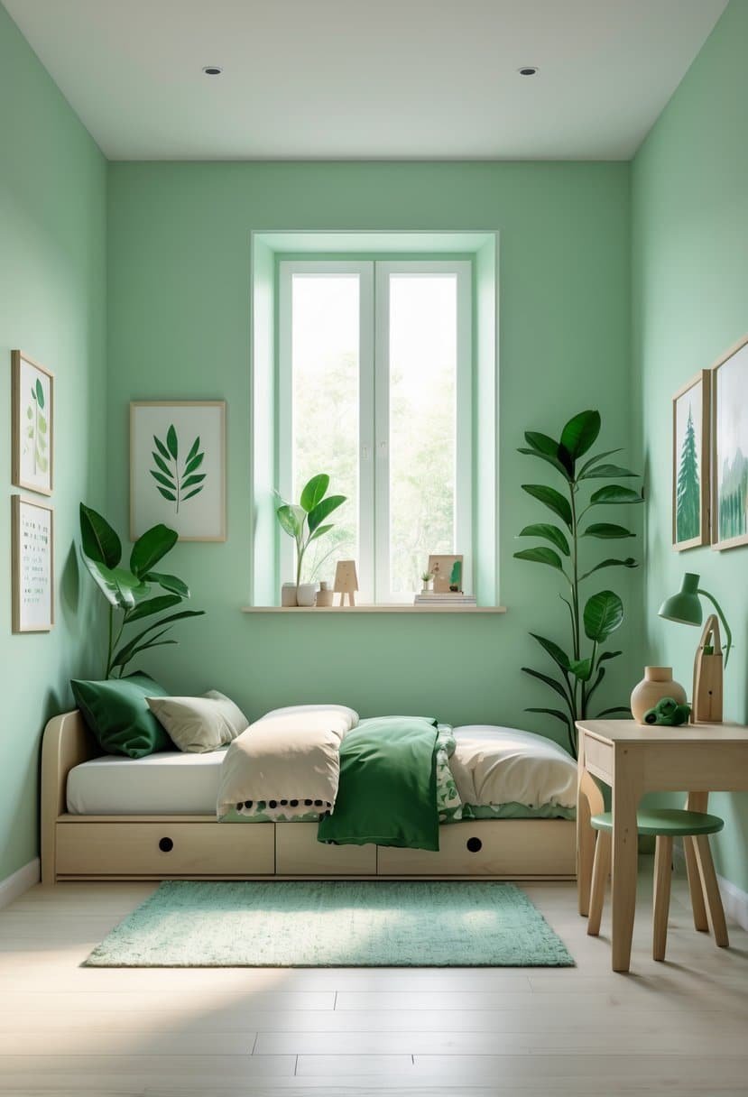 A boys' bedroom with pastel green walls, forest green accents, a bed, desk, plants, and nature-themed decor.