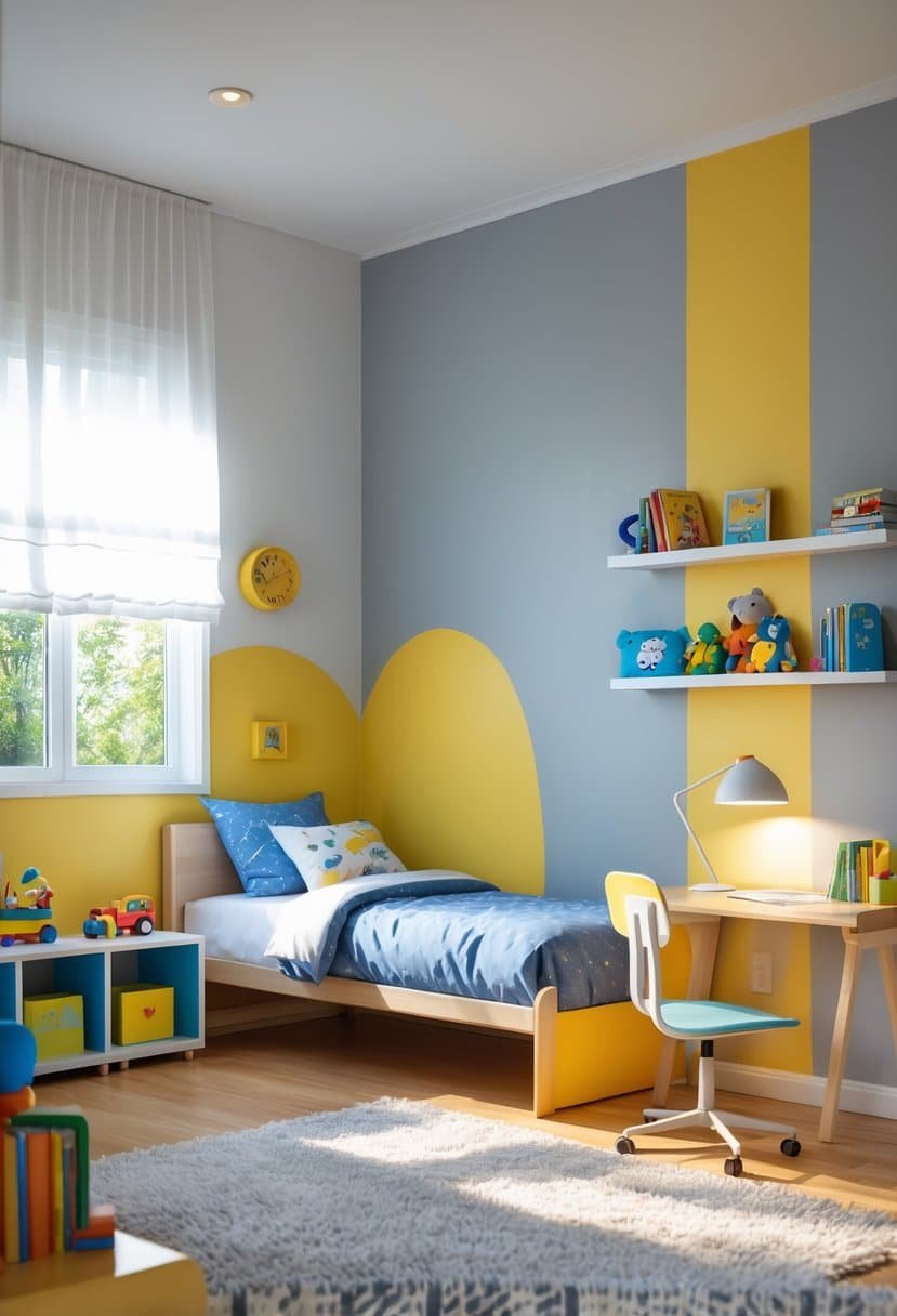 A boys' bedroom with gray and yellow two-tone painted walls, a twin bed, desk, toys, and natural light coming through the window.