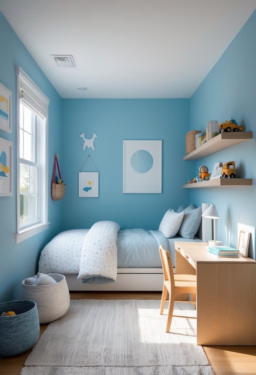 A calm boys' bedroom painted sky blue with a bed, desk, window, and shelves with toys and books.