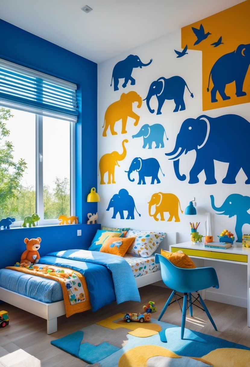 A bright boys' bedroom with animal silhouette painted walls, a bed, desk, and toys in a neat and colorful setting.