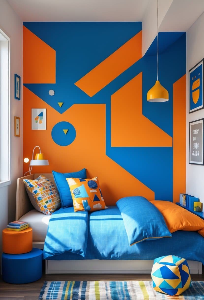 A boys' bedroom with orange and blue geometric shapes painted on the walls, a bed with colorful bedding, and natural light filling the room.