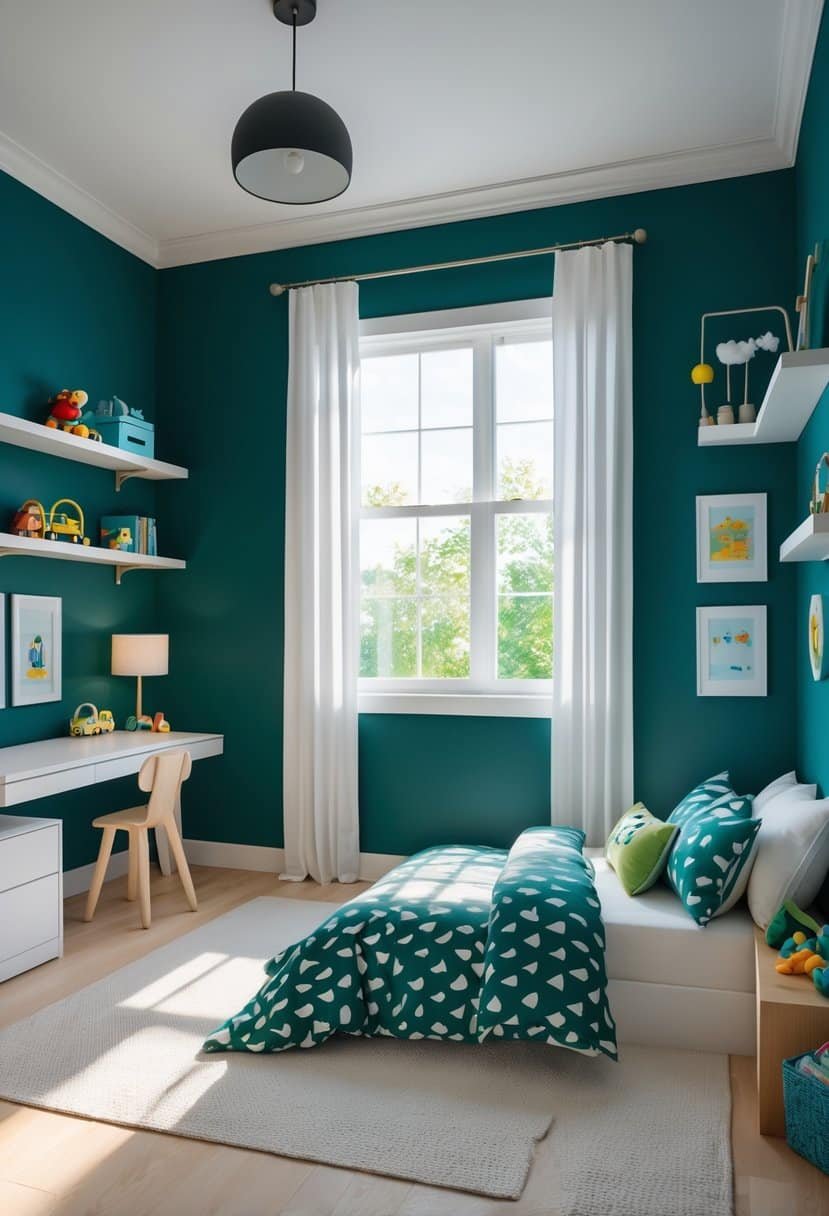 A boys' bedroom with deep teal walls and white trim, featuring a bed, desk, shelves, and natural light from a window.