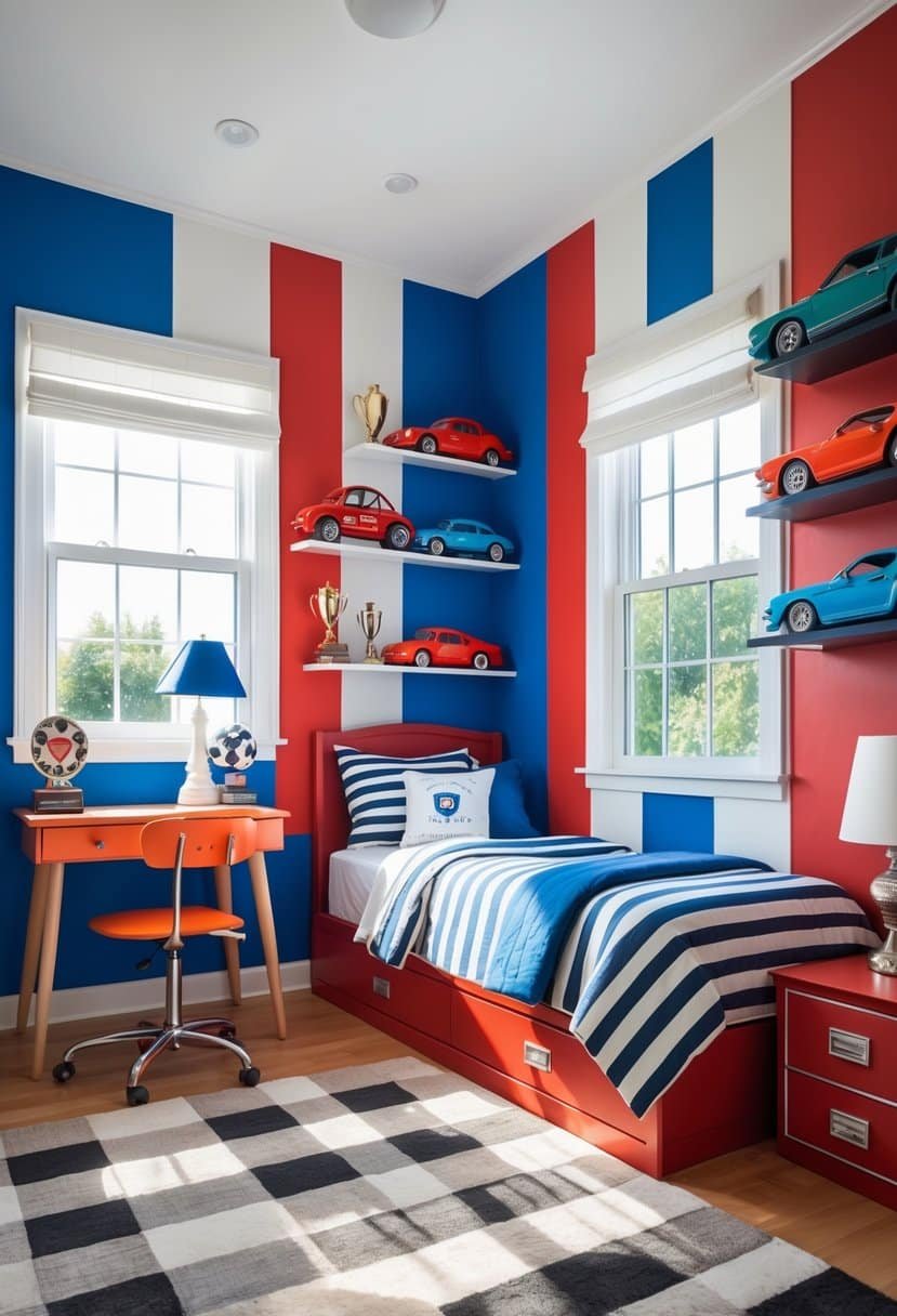 A boys' bedroom with vintage racing stripes painted on the walls, a bed with matching bedding, a desk with model race cars, and a window letting in natural light.