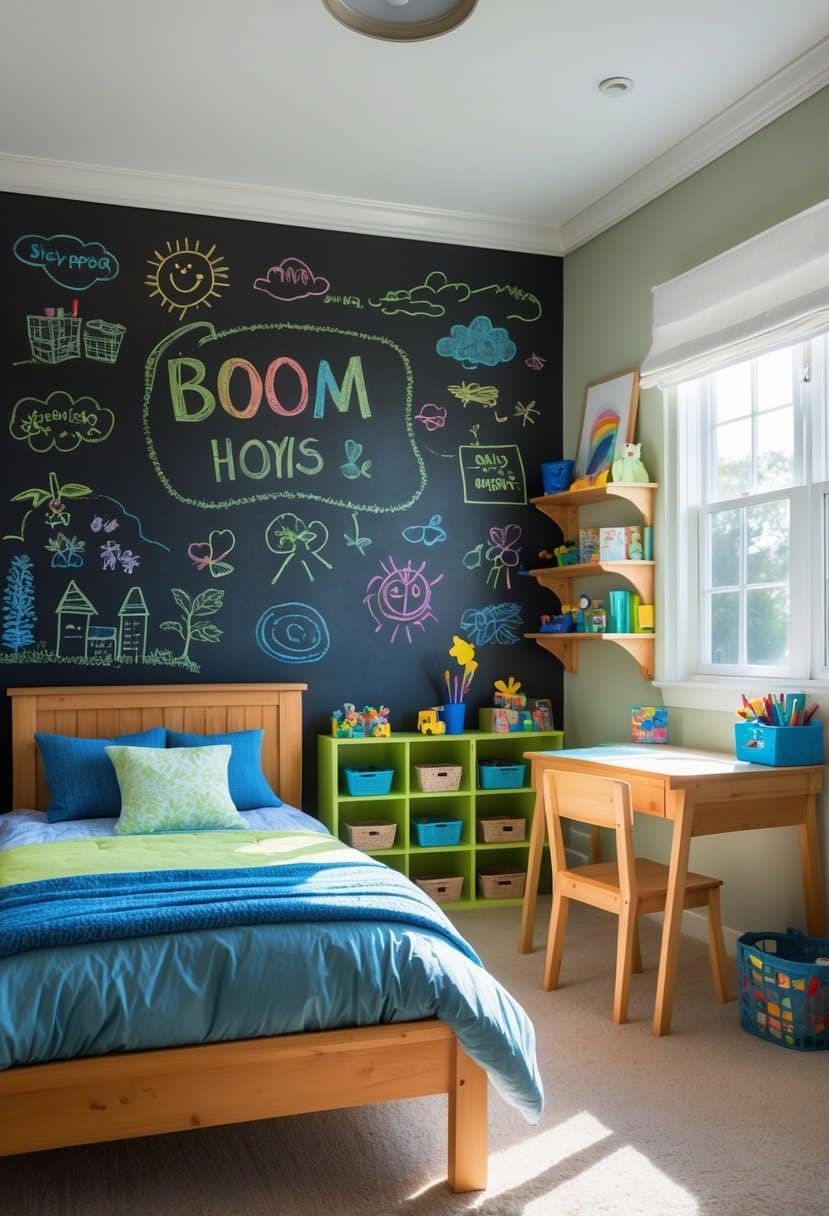 A boys' bedroom with a large chalkboard paint wall covered in colorful chalk drawings, a wooden bed, desk with art supplies, and shelves with toys.