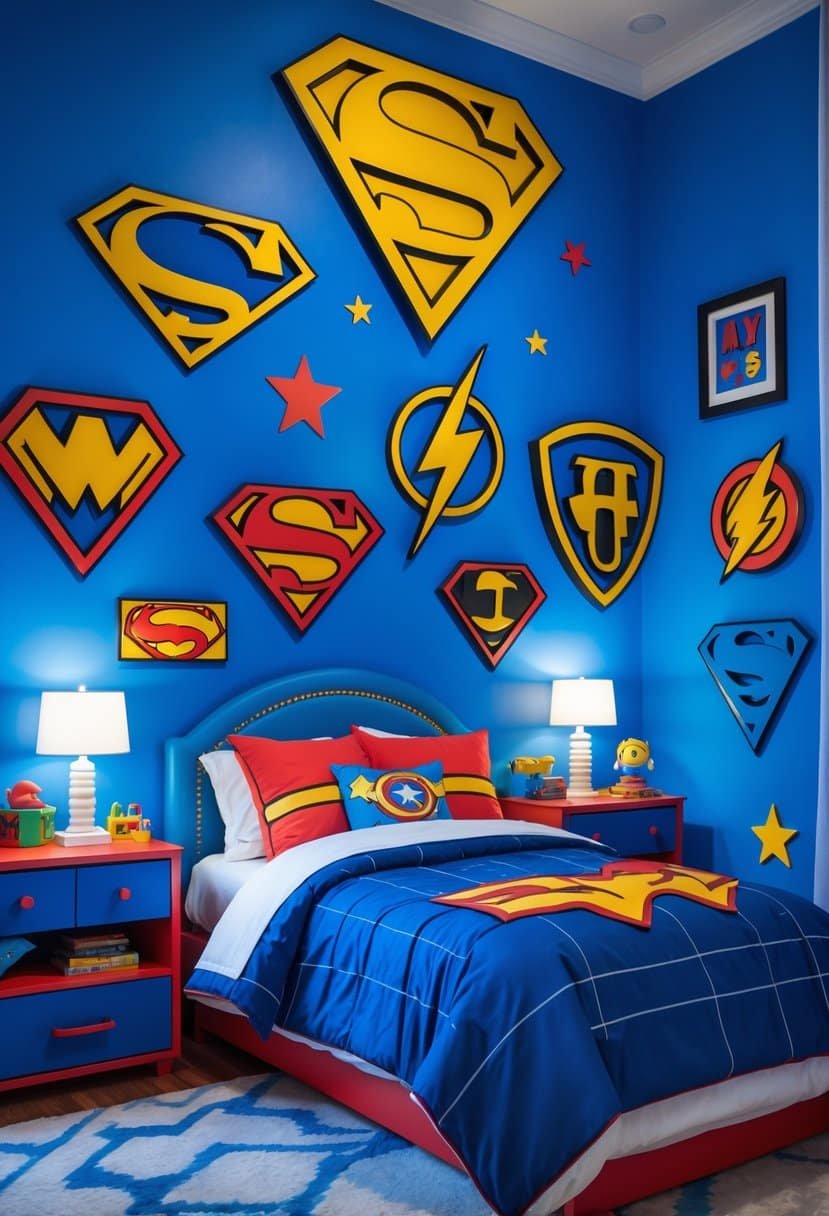 A boys' bedroom decorated with colorful superhero emblem decals on the walls, featuring a bed, desk, and playful lighting.