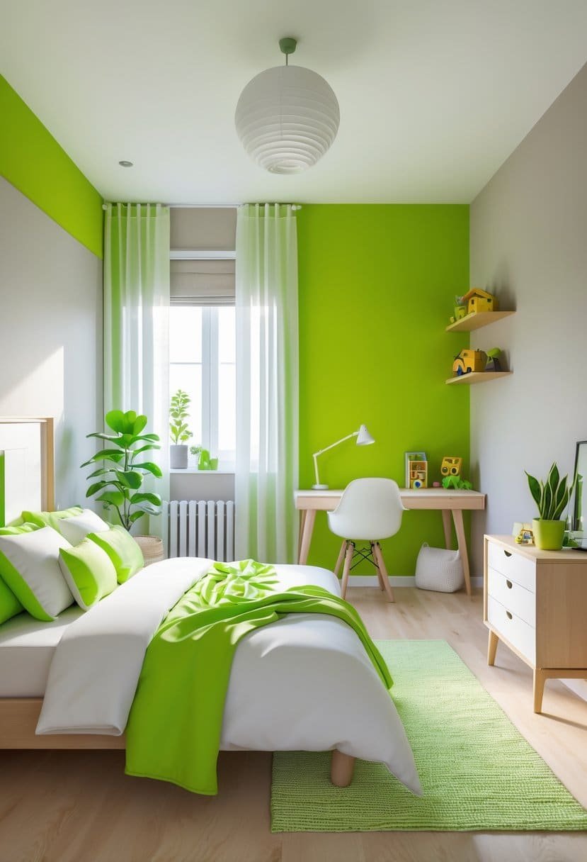 A boys' bedroom with lime green accents, a bed, desk, bookshelf, and natural light from a window.