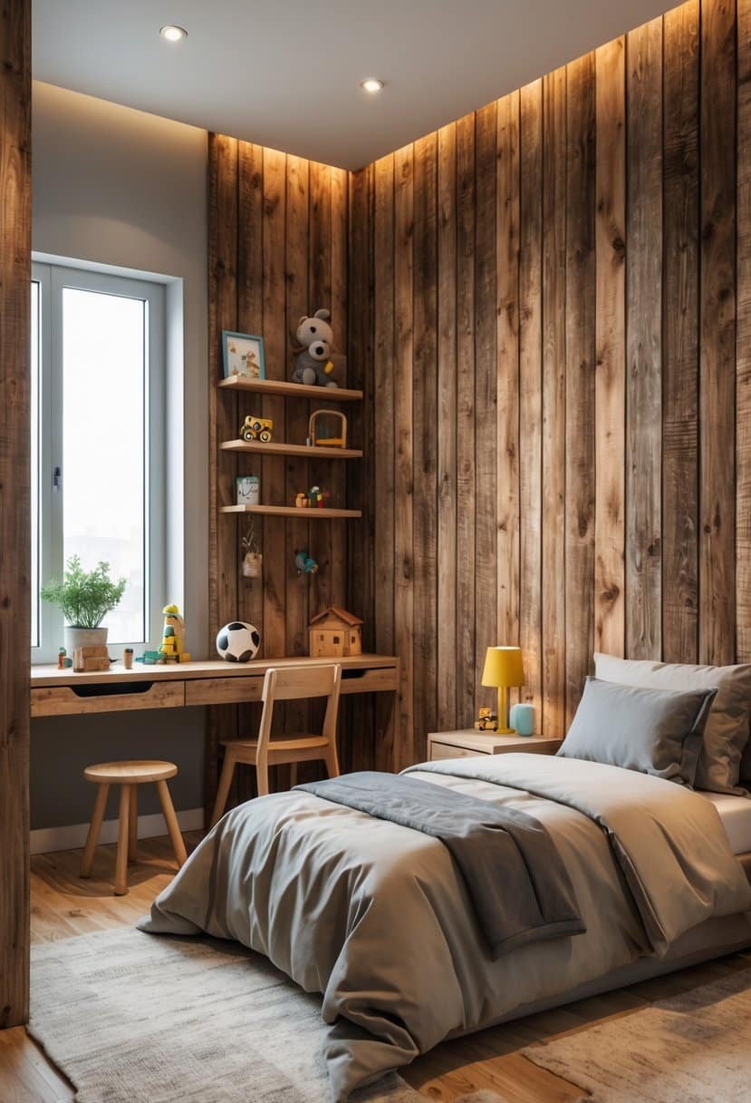 A boys' bedroom with rustic wood panel walls, a bed, a desk, and natural lighting.