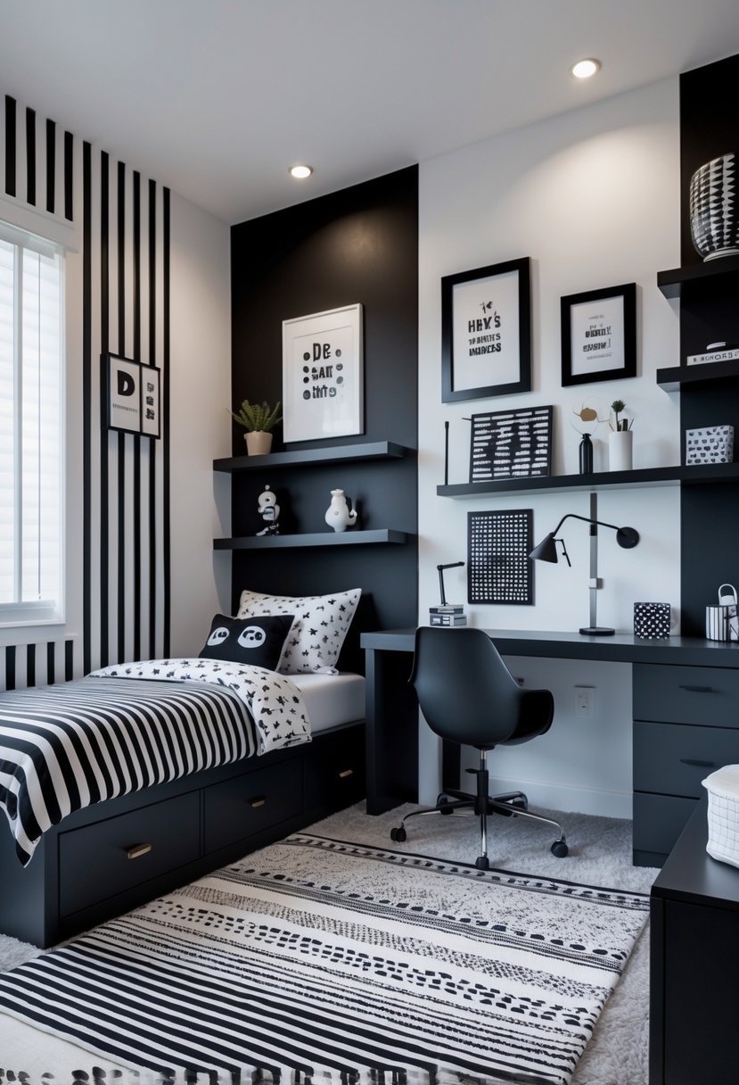 A boys' bedroom with black and white painted walls, furniture, and decor arranged neatly.