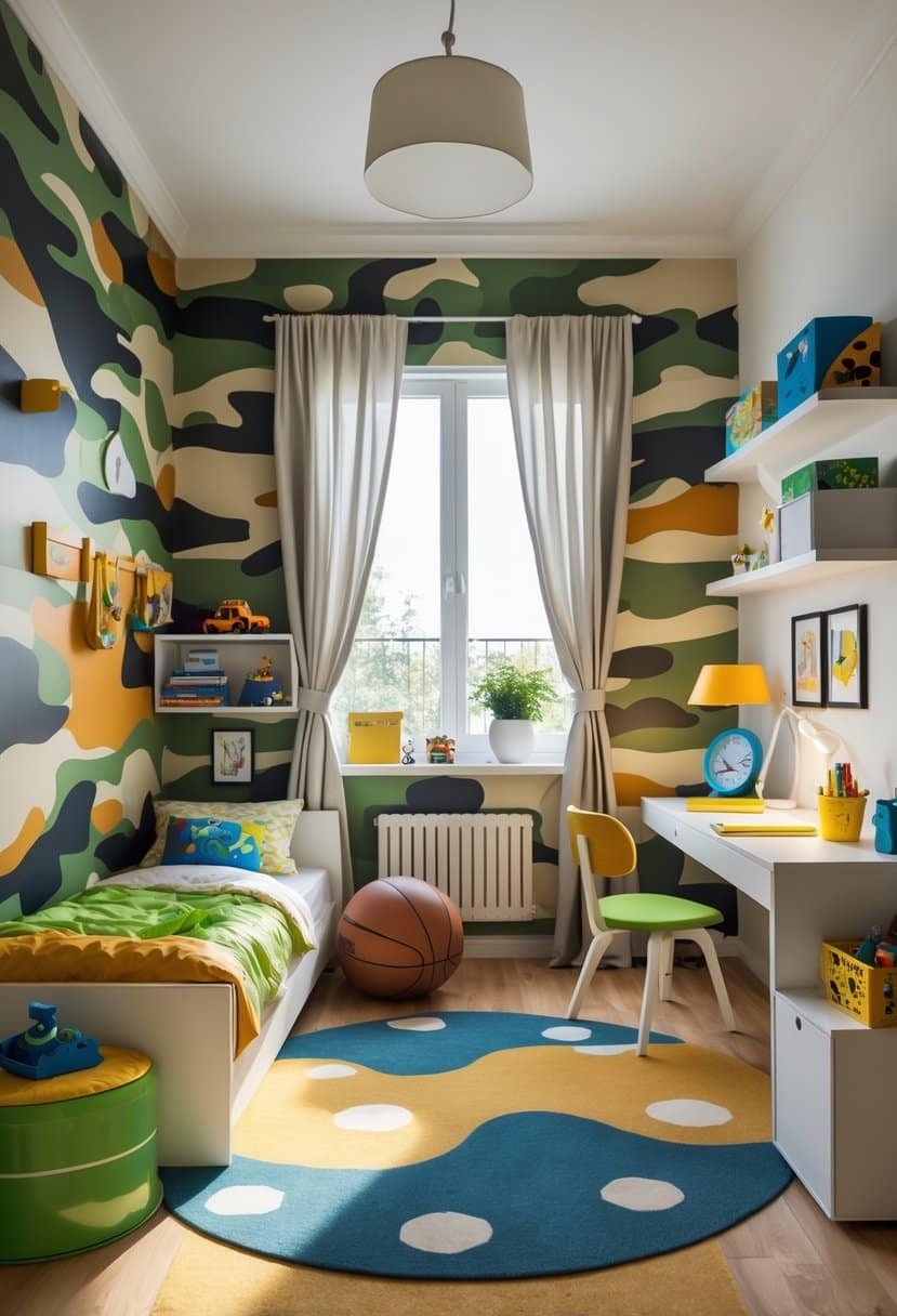 A bright boys' bedroom with a bold green and brown camouflage accent wall, a bed, desk, and shelves with toys and books.