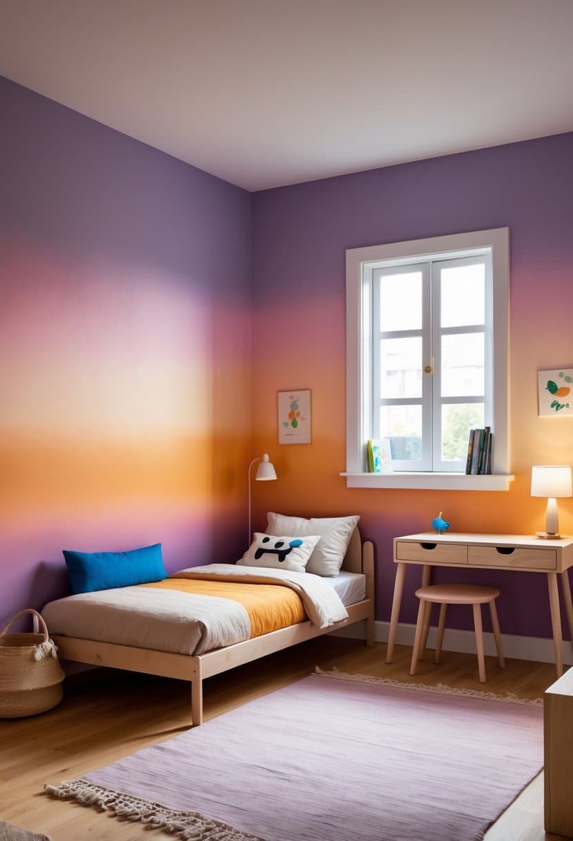A boys' bedroom with walls painted in a sunset ombre gradient from orange to purple, featuring a bed, desk, and warm natural lighting.