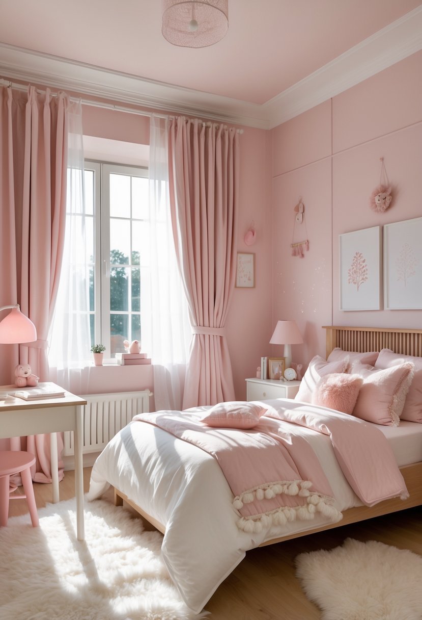 A girls' bedroom painted in soft blush pink with a cozy bed, study desk, window with sheer curtains, and soft toys.