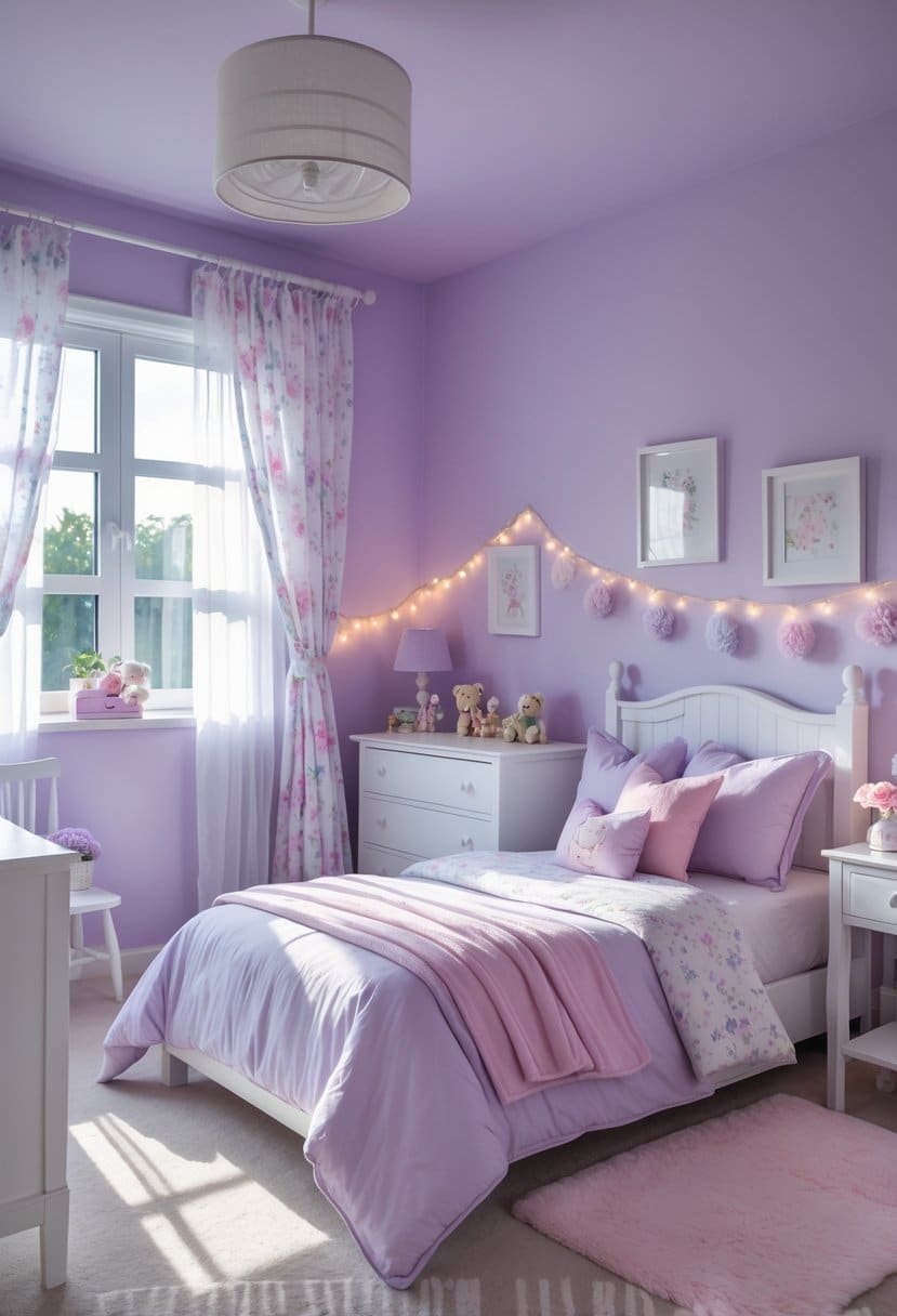 A girls' bedroom painted in soft lavender with a bed, white furniture, floral curtains, and natural sunlight coming through a window.
