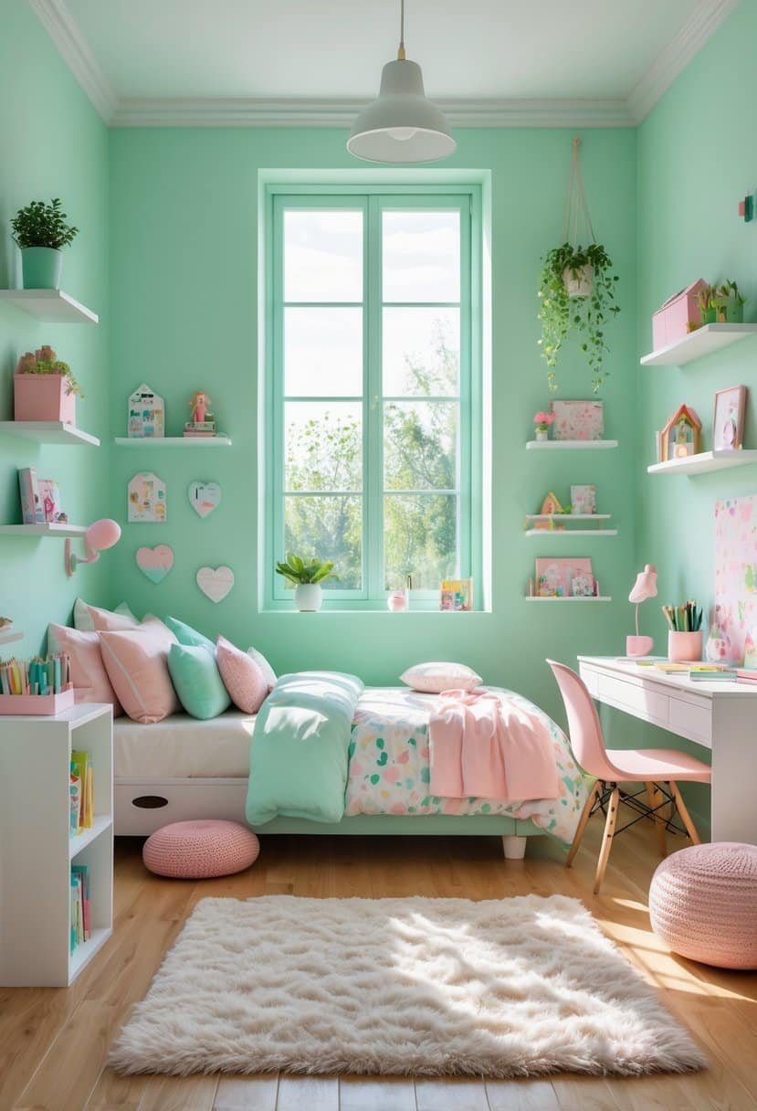 A bright girls' bedroom with mint green walls, a cozy bed, bookshelf, desk, and decorative items.
