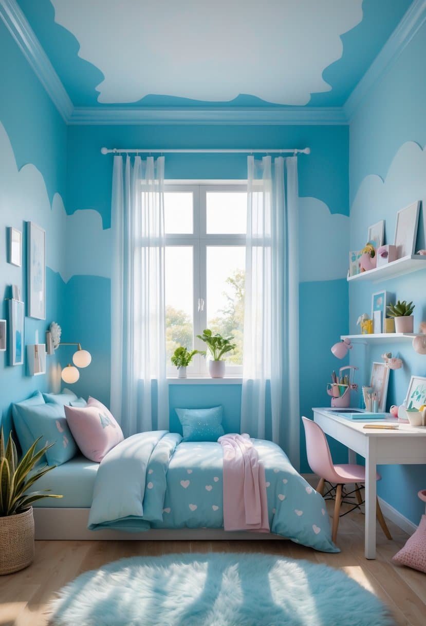 A girls' bedroom painted in shades of sky blue with a bed, desk, shelves, plants, and natural light coming through a window.