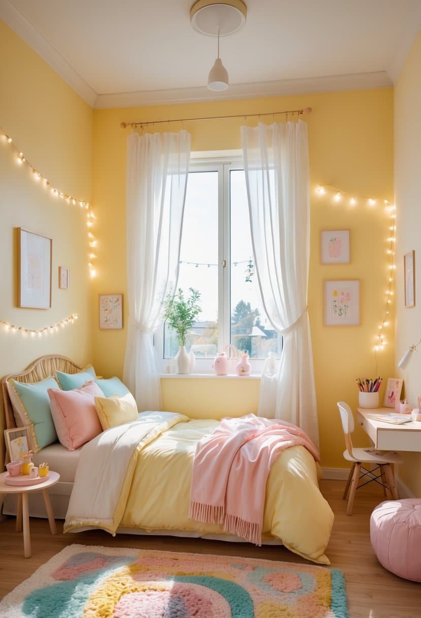 A bright girls' bedroom painted in soft yellow with a cozy bed, natural light, and simple decorative accents.