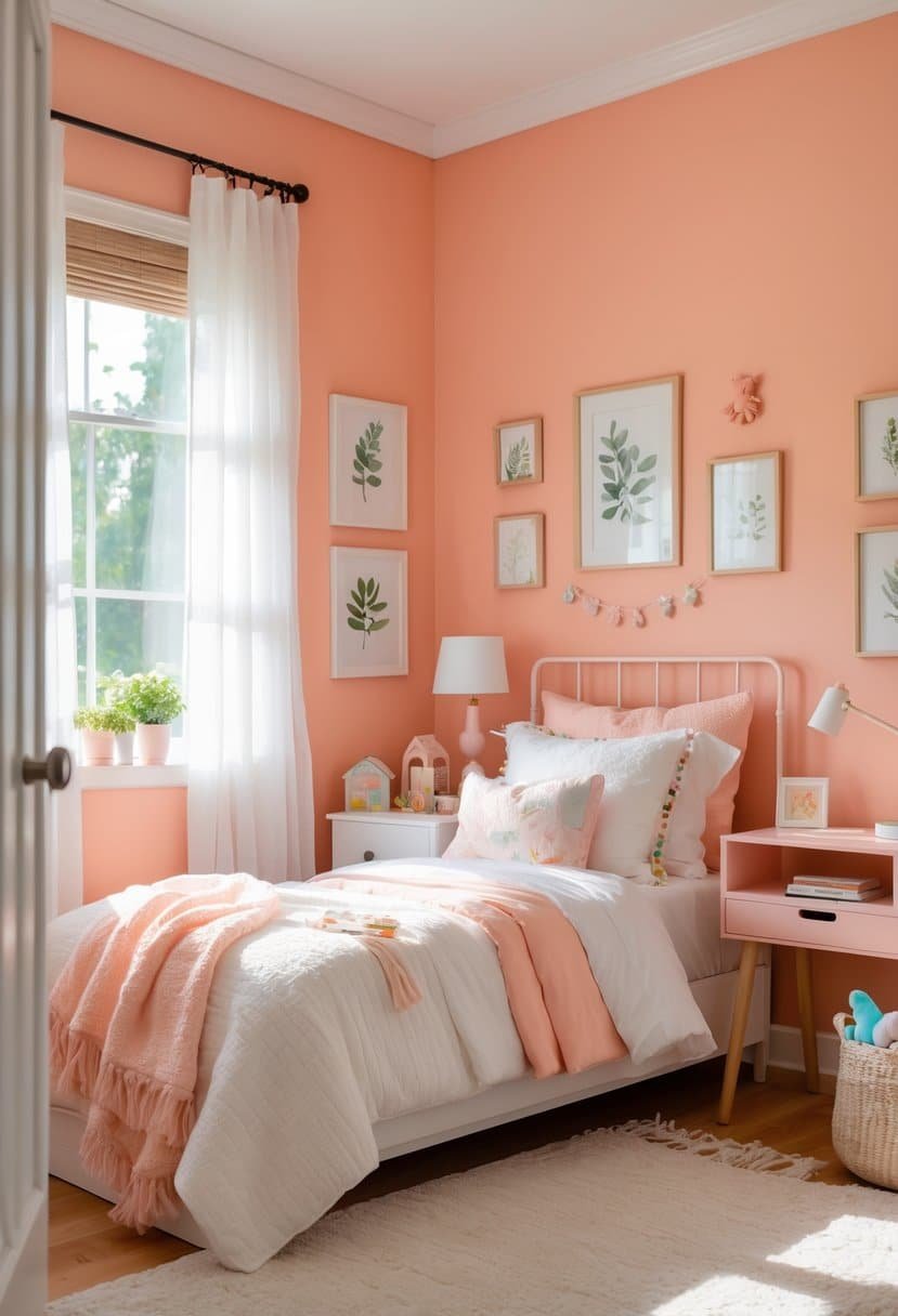 A girls' bedroom painted in soft peachy coral with a cozy bed, natural light, a small desk, and simple decor.