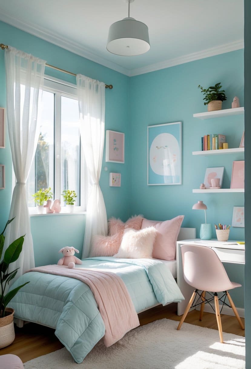 A girls' bedroom painted powder blue with a bed, pillows, window with curtains, desk, and decorative items.