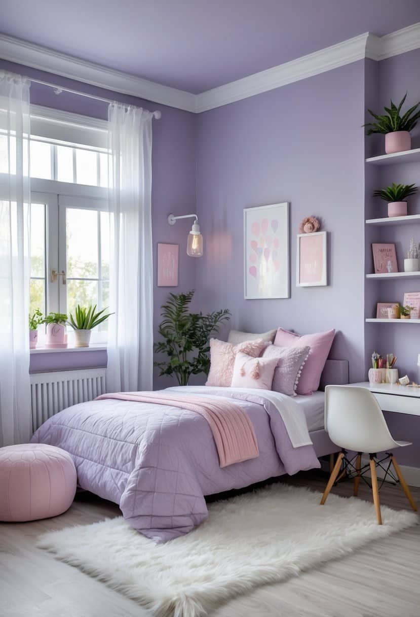 A girls' bedroom painted in soft lilac gray with a bed, desk, shelves, and natural light from a window.