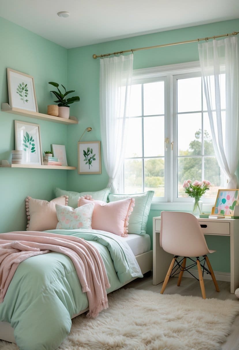 A girls' bedroom painted in seafoam green with a bed, desk, window, and simple decorations.