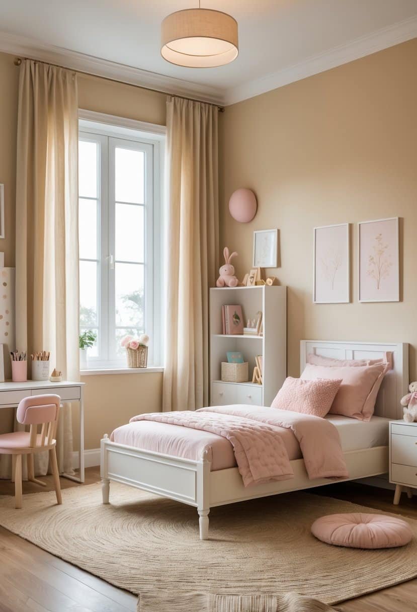 A girls' bedroom with sandy beige walls, a white bed with pastel bedding, a desk with art supplies, and a bookshelf, softly lit by natural light through a window.