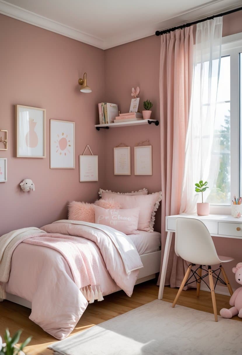 A girls' bedroom painted in dusty rose with a twin bed, white desk, window with curtains, and cozy decor.