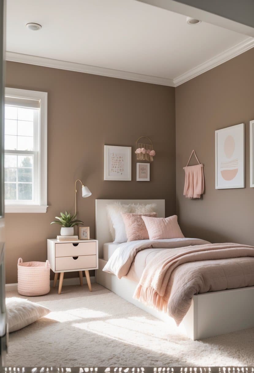 A girls' bedroom painted in warm taupe with a white bed, pillows, nightstand, and soft natural lighting.