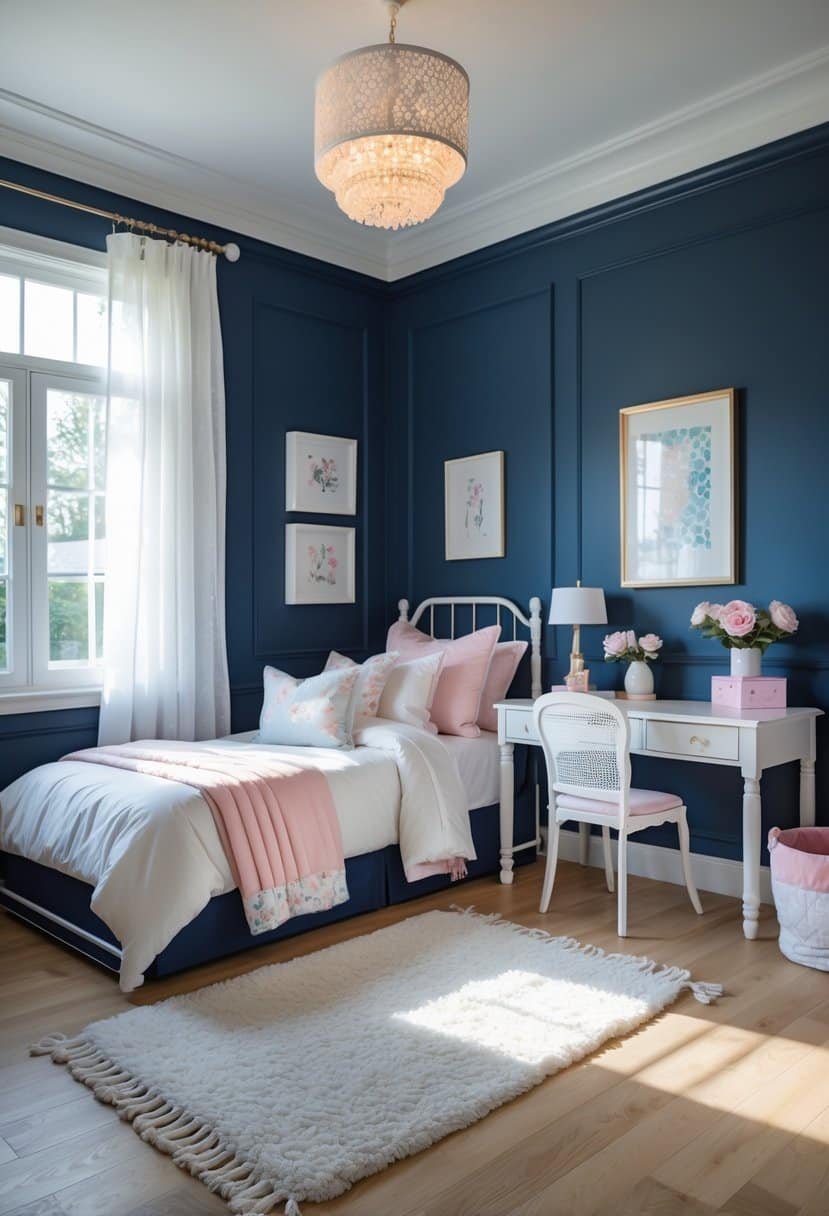 A girls' bedroom with navy blue walls, a cozy bed, wooden floor, window with white curtains, and feminine decorations.