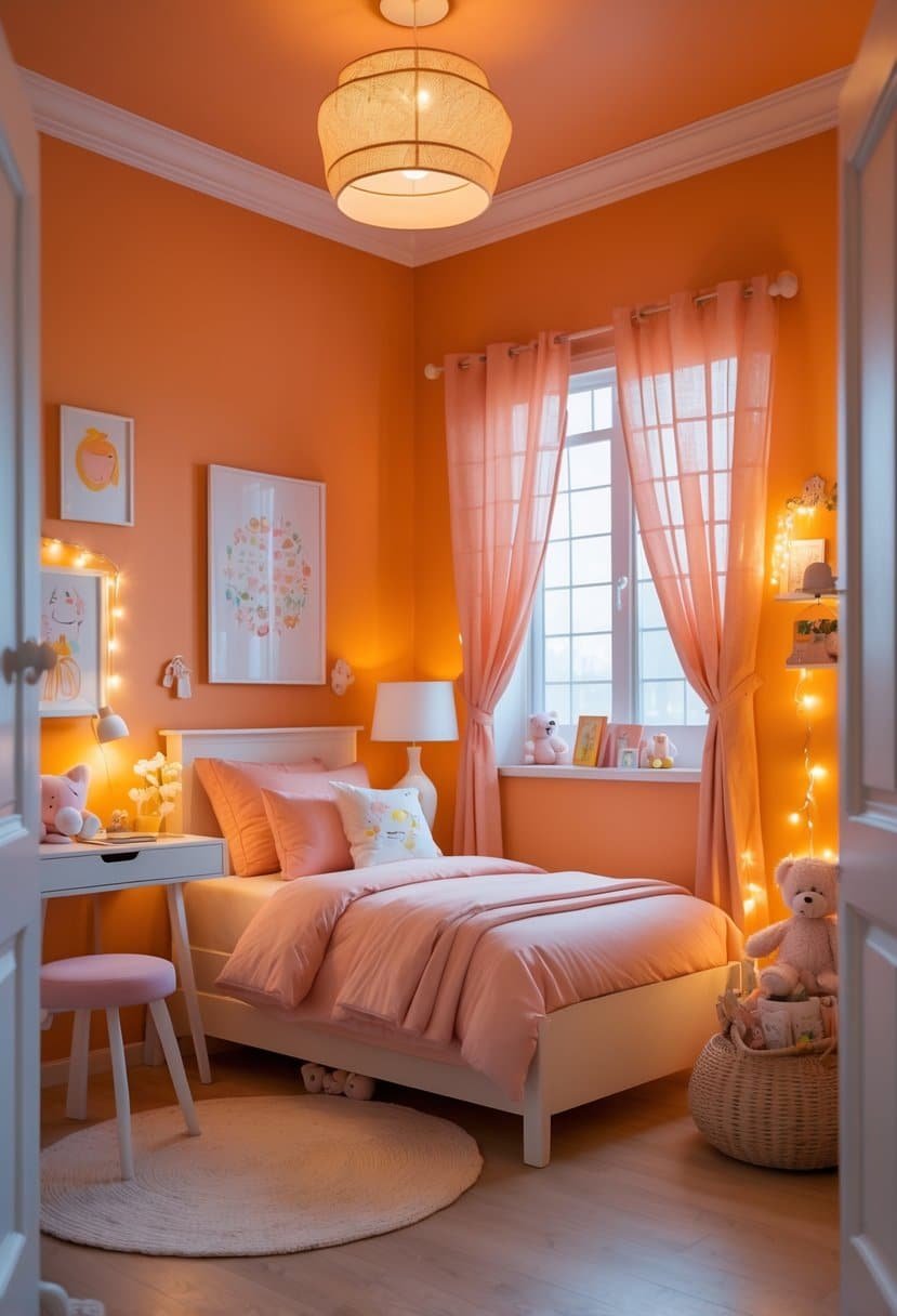 A girls' bedroom painted in warm orange tones with a bed, study desk, toys, and natural light coming through a window.