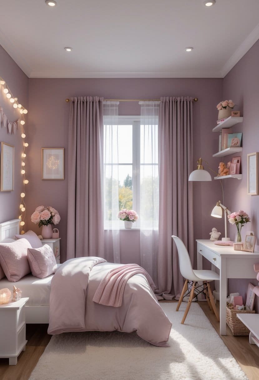 A cozy girls' bedroom painted in soft mauve with a bed, desk, shelves, and natural light coming through a window.