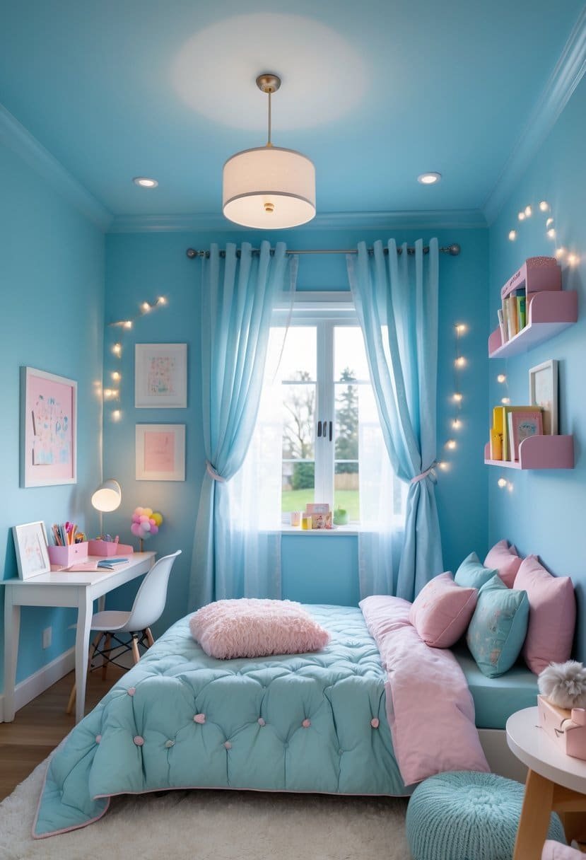 A girls' bedroom painted in soft periwinkle blue with a cozy bed, desk, bookshelf, and natural light coming through a window.