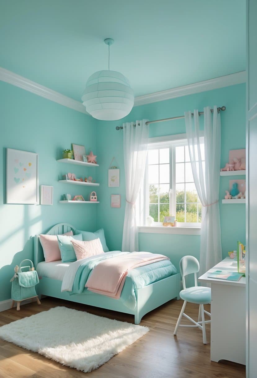 A girls' bedroom painted light aqua with a cozy bed, soft pillows, a rug, a desk with art supplies, and natural light coming through a window.
