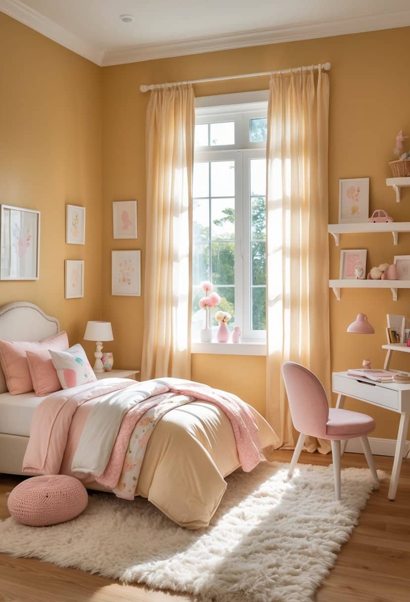 A girls' bedroom painted in warm honey gold with a cozy bed, soft bedding, natural light, and decorative shelves.