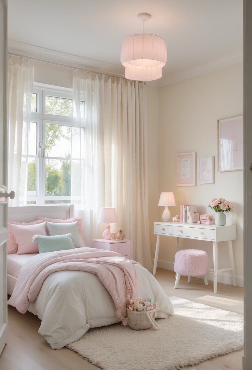 A girls' bedroom painted creamy white with a bed, desk, and soft natural light from windows.