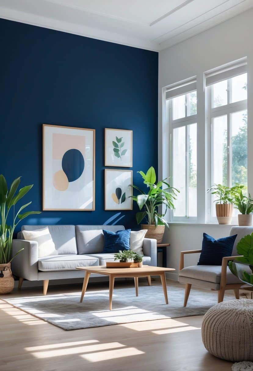 Living room with a deep navy blue accent wall, light gray sofa, wooden coffee table, green plants, and large windows letting in natural light.