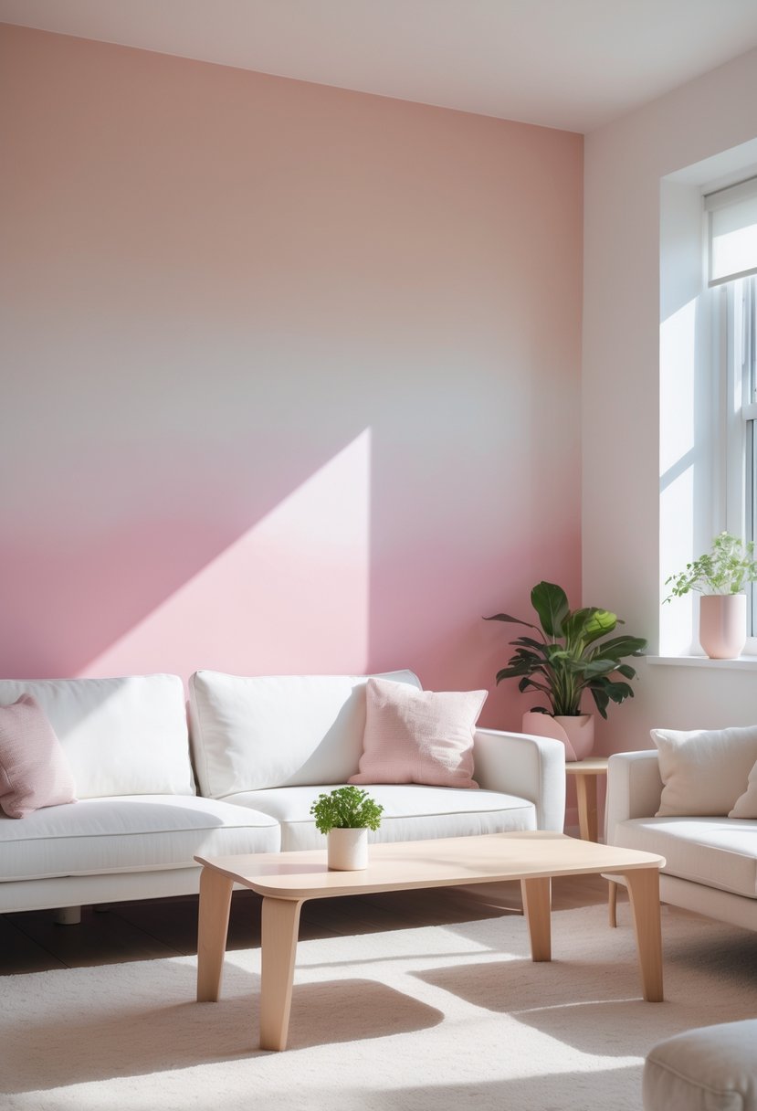 Interior room with a large soft pastel pink ombre accent wall and modern furniture.