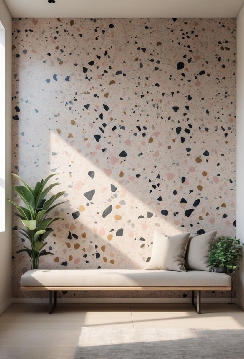 A modern room with a large textured terrazzo accent wall, a wooden bench, and a small potted plant.