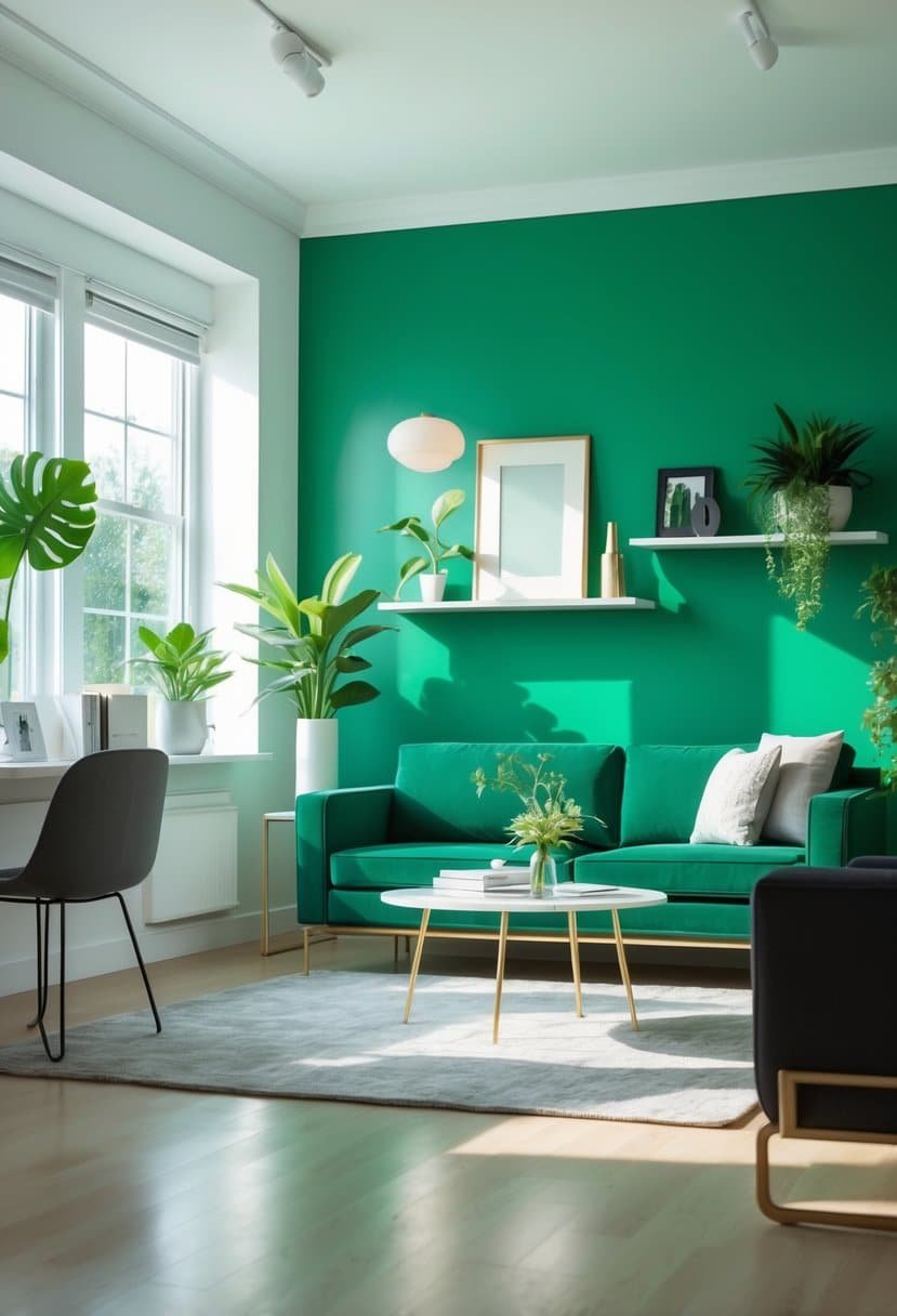 A modern living room with a bold emerald green accent wall, stylish furniture, and natural light coming through large windows.
