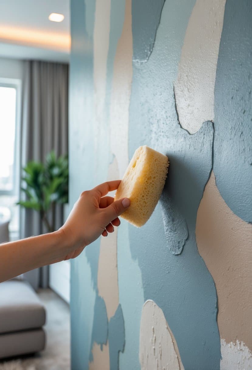 Close-up of a hand applying textured paint to an interior accent wall using a sponge in a modern living room.