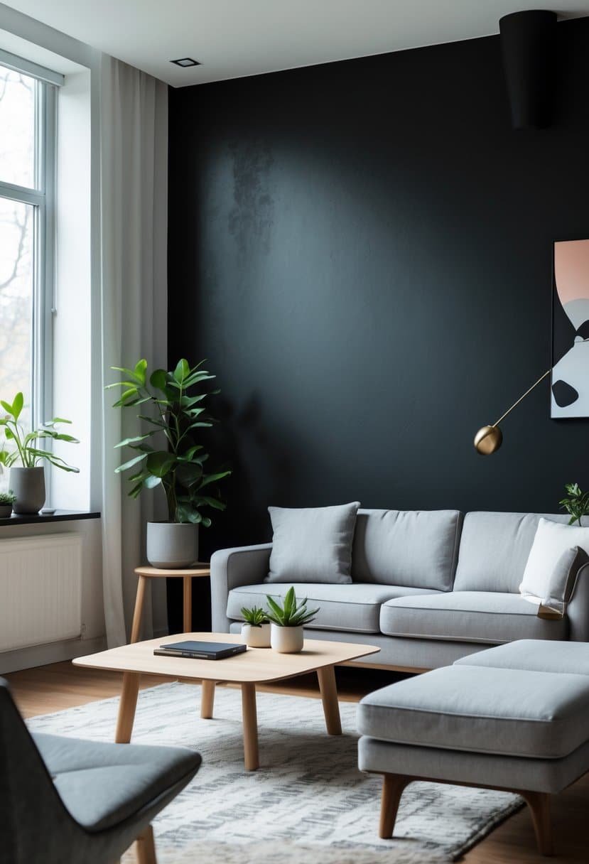Living room with a matte black accent wall, a gray sofa, wooden coffee table, plants, and natural light coming through windows.