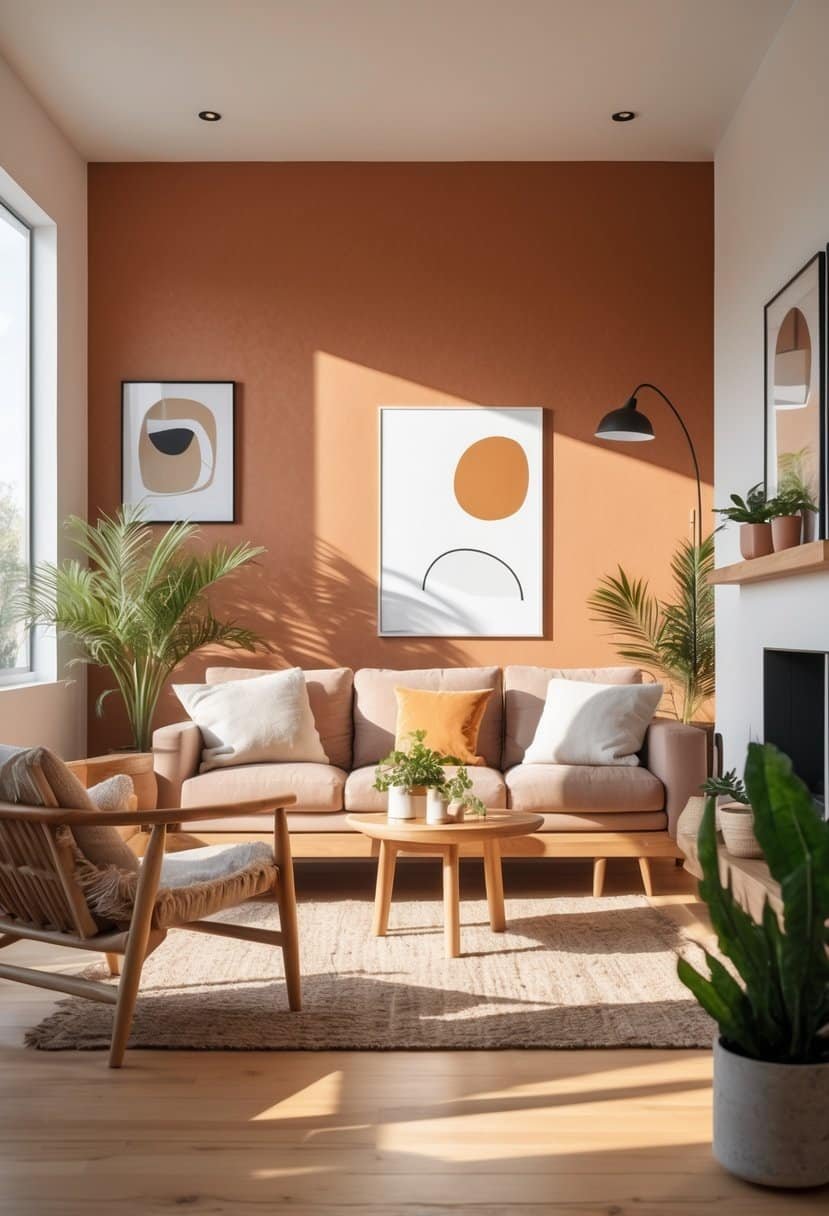 A living room with a warm terracotta accent wall, a sofa, wooden furniture, and natural light coming through windows.