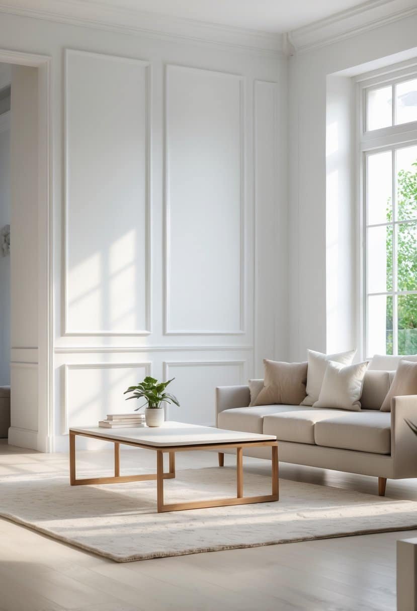 A bright living room with a white paneled accent wall, a sofa, coffee table, and natural light coming through large windows.