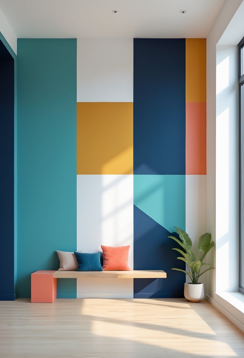 A bright room with a geometric color blocked accent wall in multiple vibrant colors and modern furniture in front.