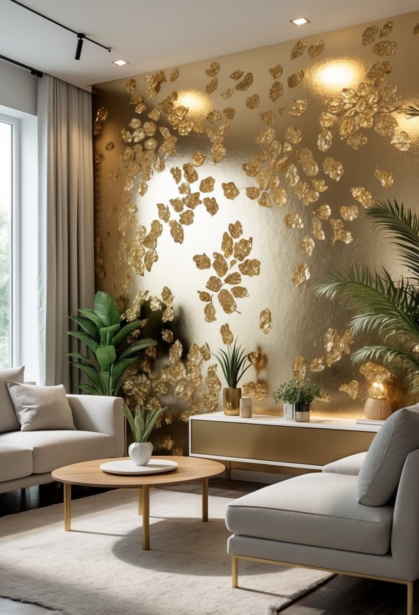 A modern living room with a metallic gold leaf accent wall, neutral furniture, and natural light coming through large windows.