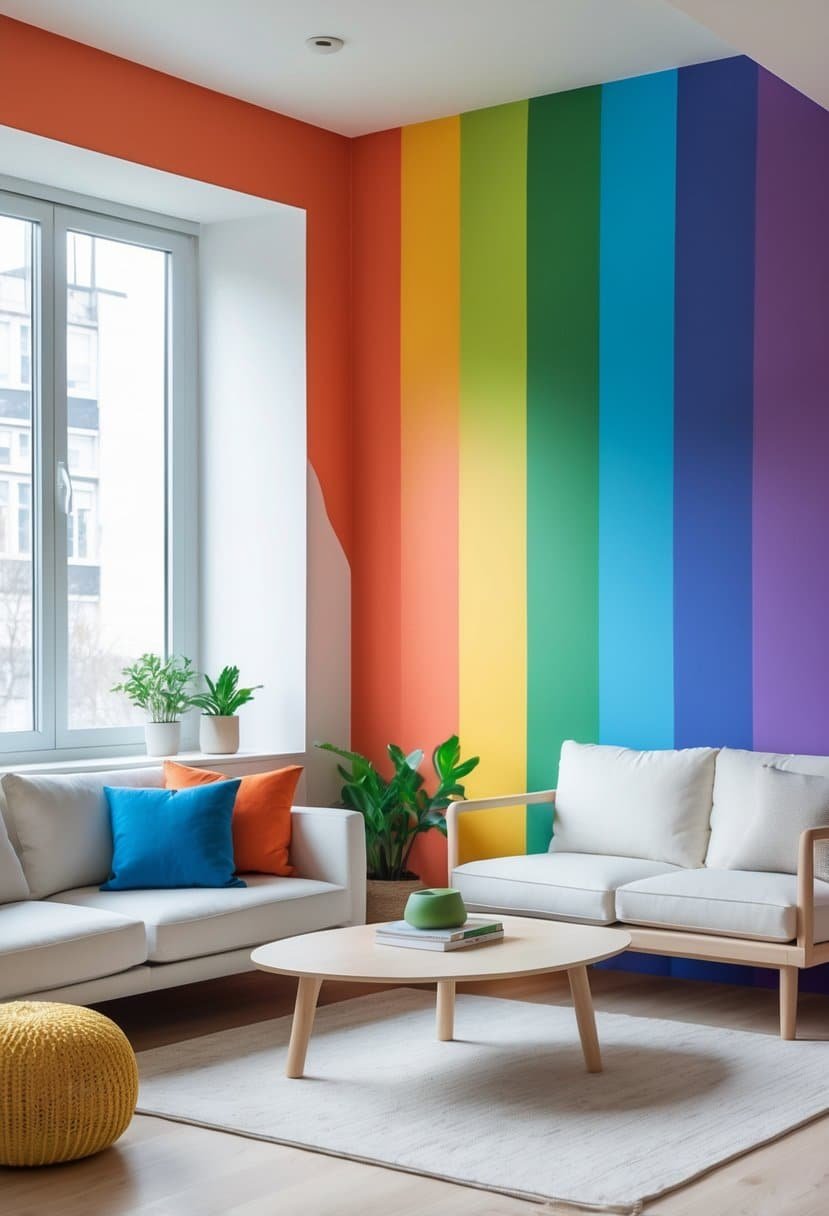 A bright living room with a corner wall painted in a smooth rainbow gradient and simple furniture.